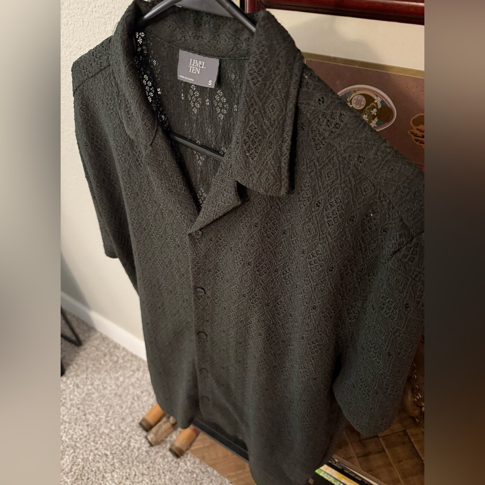 Green Woven Lace Button Down Shirt
